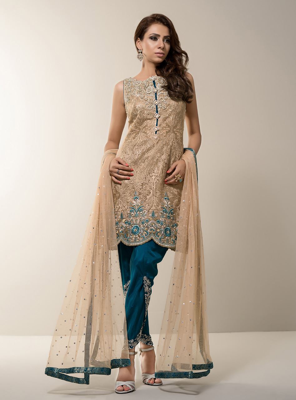 Zainab Chottani | Semi Formals | BEIGE GOLD WITH TEAL DRESS - House Of Anaya