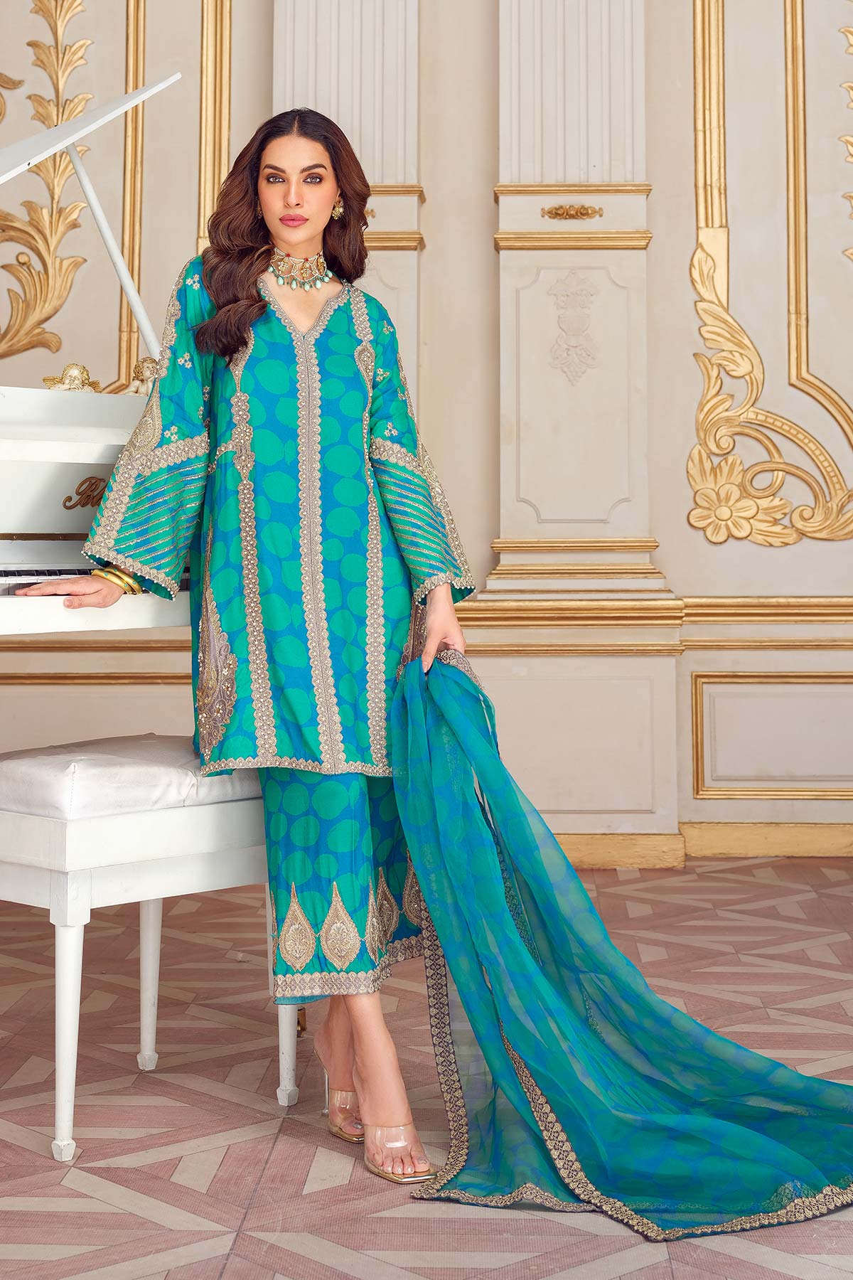 Charizma | Statement Dresses | STM23-12 S / Ferozi / Raw Silk