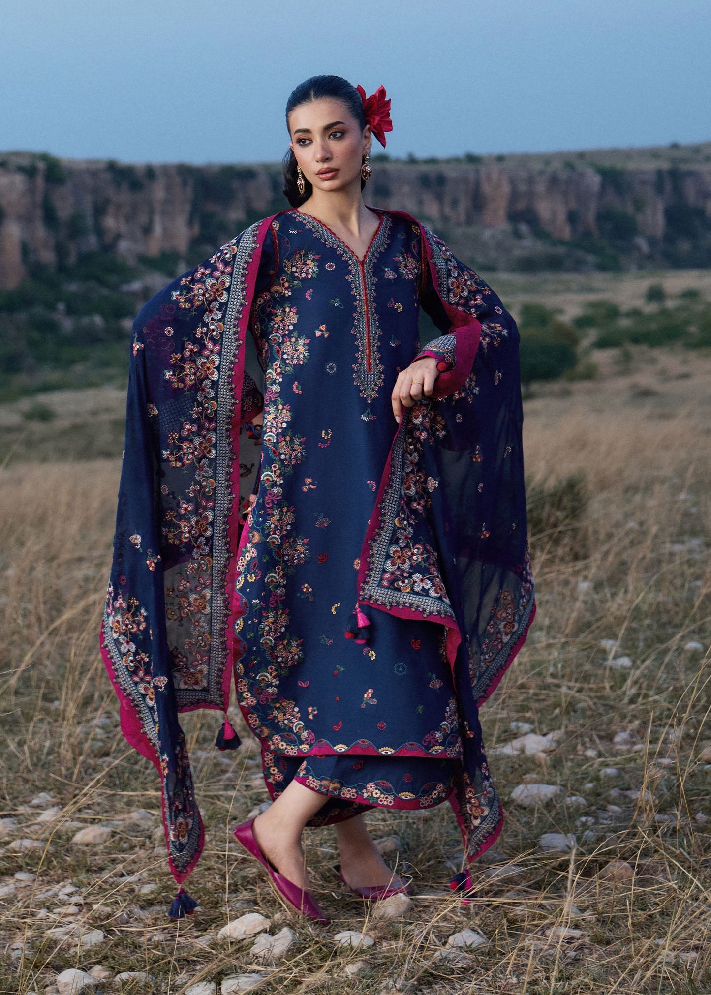Hussain Rehar Nilima | Indigo Blue Panelled Straight Shirt Lawn Suit