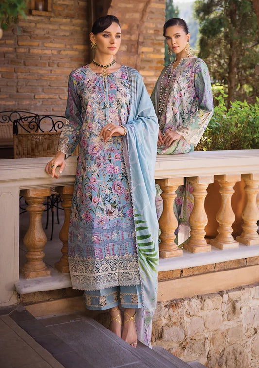 Elaf Premium Print Chikankari Lawn 3Pc Suit ECT-03A OCEAN BLUE
