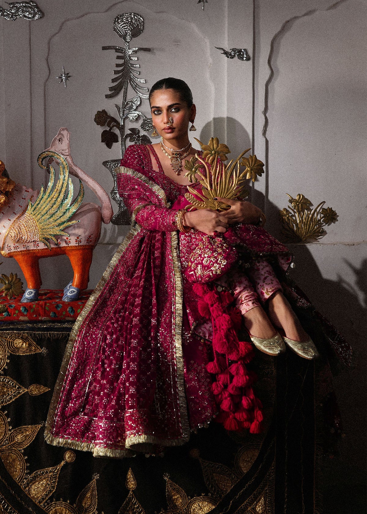 Hussain Rehar Gulpanra | Hot Pink Embroidered Panelled Pishwas & Chooridar Festive Set