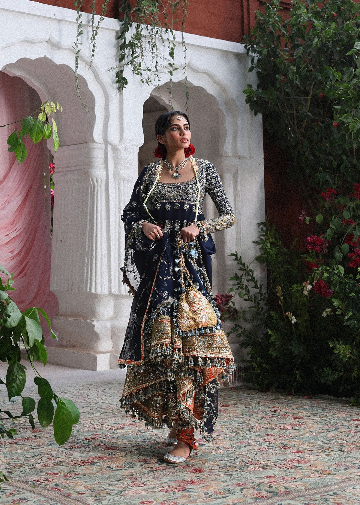 Hussain Rehar Nain Tara | Navy Blue Embroidered Panelled Pishwas & Chooridar Festive Set