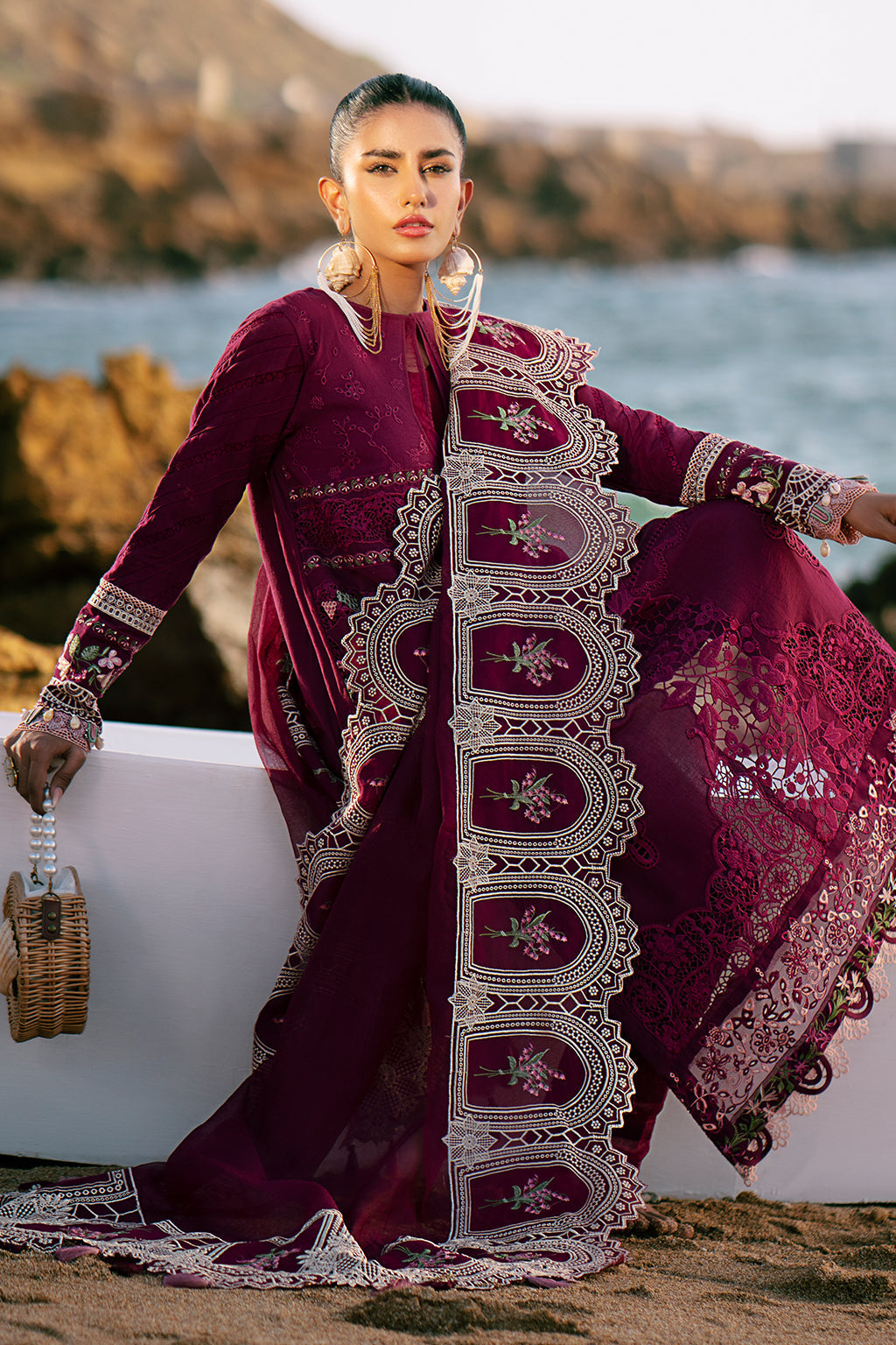 AJR Couture | Dastan Luxury Lawn 25 | Cherry Wine - House Of Anaya