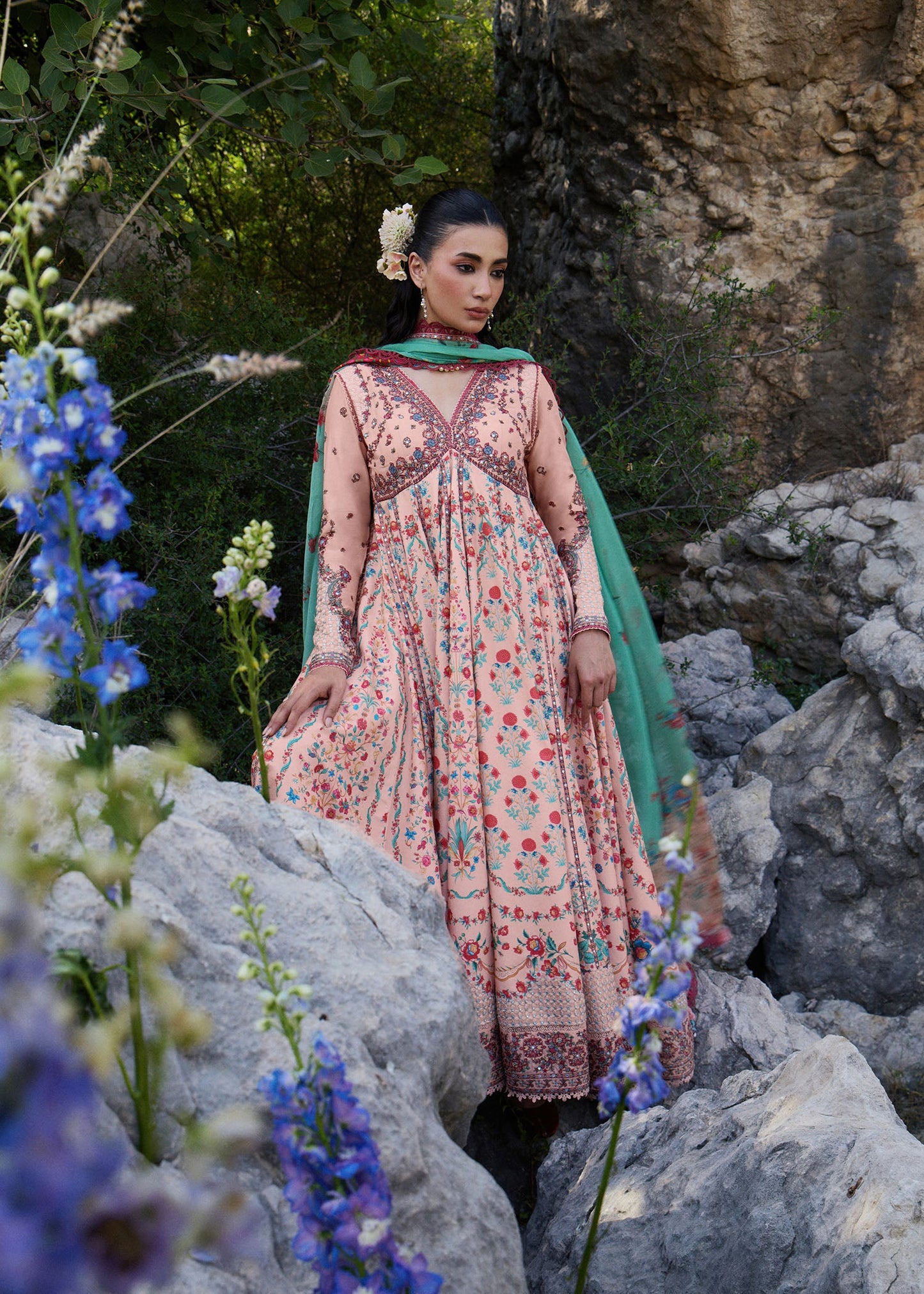 Hussain Rehar Chitlali | Peach Digital Print Panelled Pishwas Lawn Suit