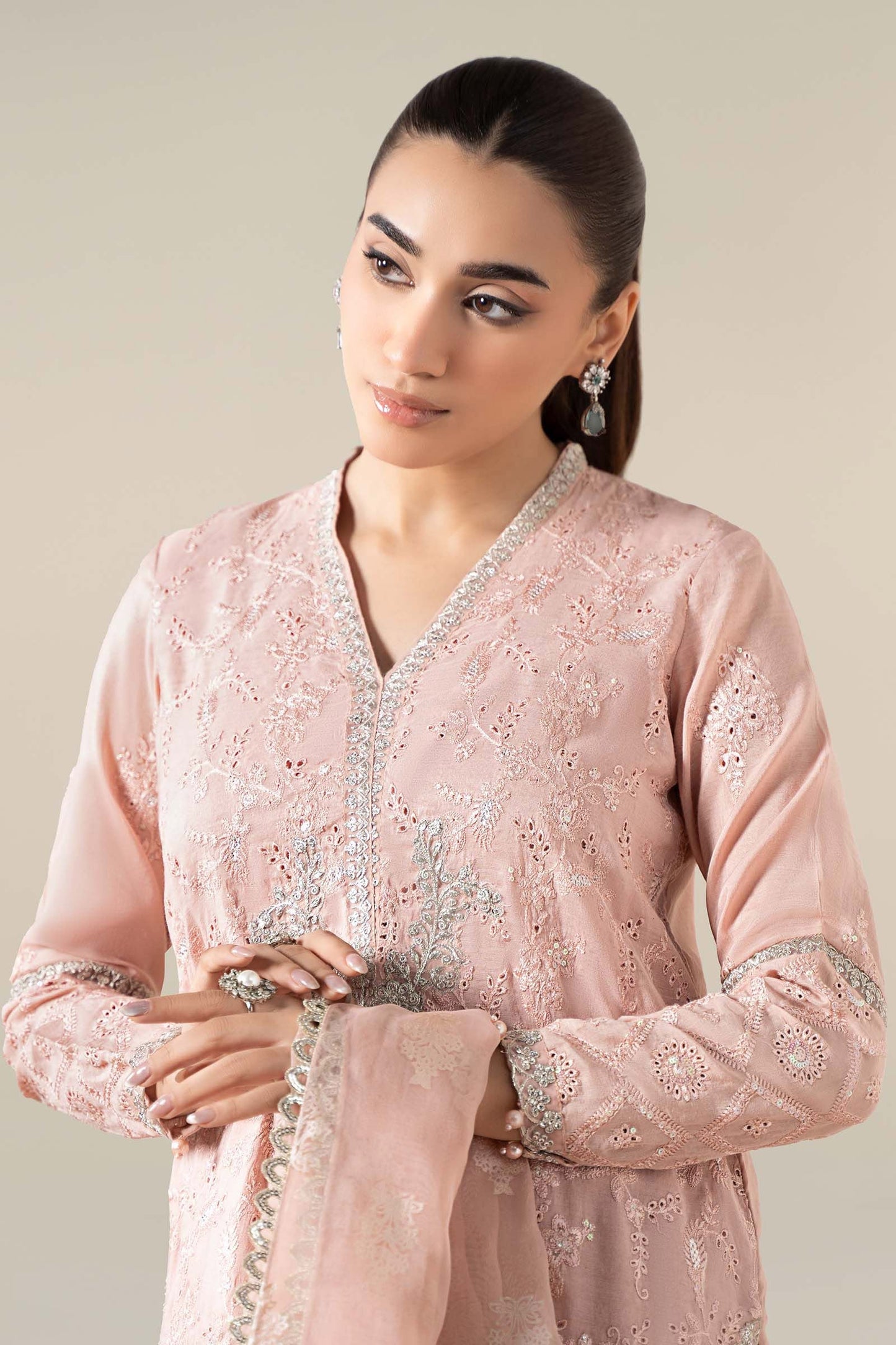 Maria B | Pre Fall Dresses | 3 Piece Embroidered Paper Cotton Suit Pink