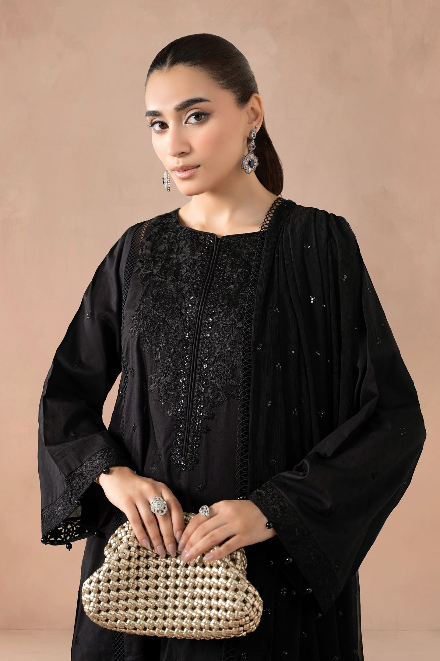 Maria B | Pre Fall Dresses | 3 Piece Embroidered Self Jacquard Suit Black1