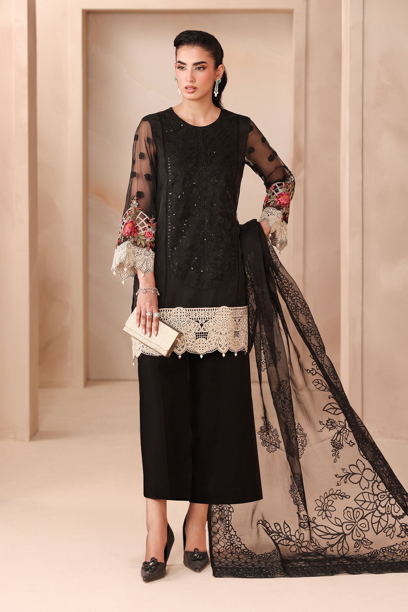 Maria B | Pre Fall Dresses | 3 Piece Embroidered Organza Jacquard Suit Black, M / Black / Organza Jacquard Maria B | Pre Fall Dresses | 3 Piece Embroidered Organza Jacquard Suit Black, M / Black / Organza Jacquard
