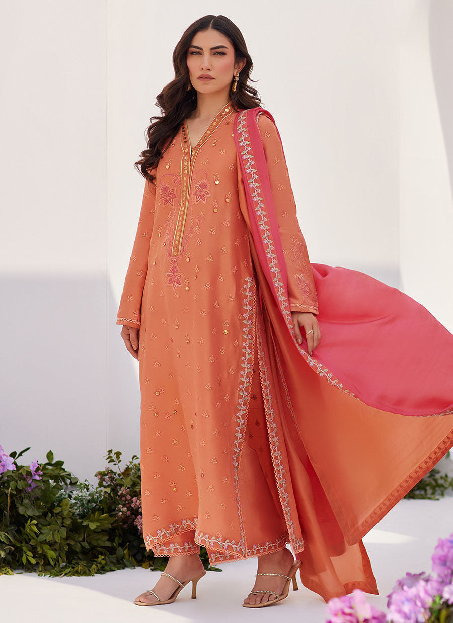 Farah Talib Aziz | Zaza Luxe Pret 24 | ELYNA CORAL EMBROIDERED RAW SILK SHIRT AND DUPATTA - House Of Anaya