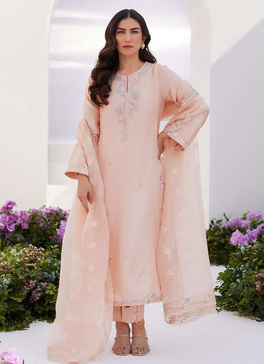 Farah Talib Aziz | Zaza Luxe Pret 24 | ELEA PEACH EMBROIDERED RAW SILK SHIRT AND DUPATTA - House Of Anaya