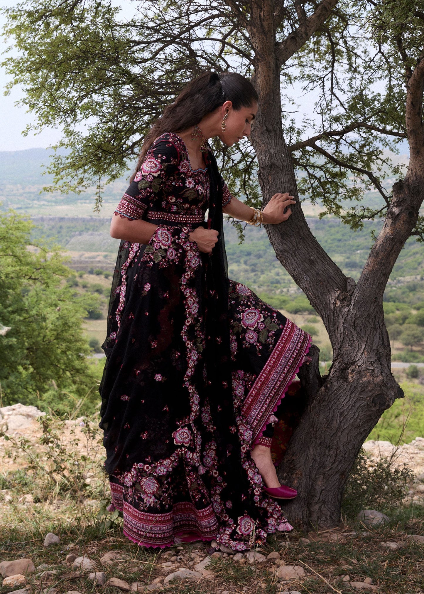 Hussain Rehar Kashmala | Black Cross-Stitch Panelled Pishwas Lawn Suit