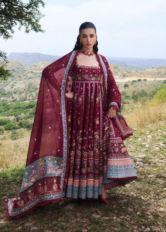 Hussain Rehar Nousheen | Maroon Panelled Pishwas & Churidar Lawn Suit