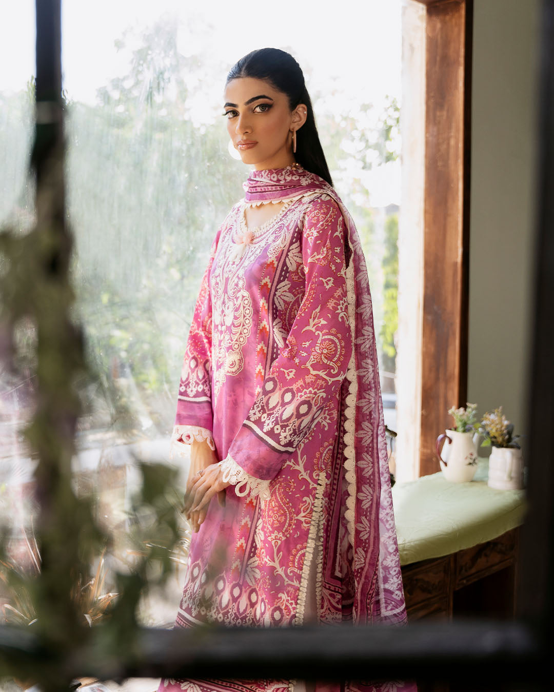 Roheenaz | Flora Printed Lawn | Amaranth - House Of Anaya