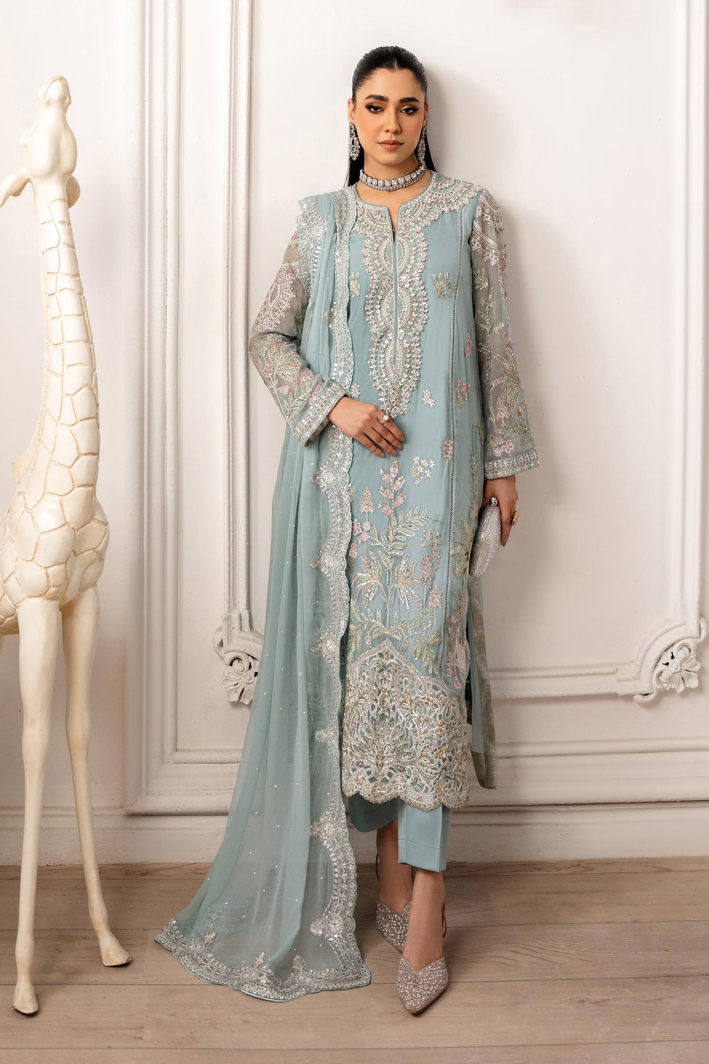 Maria B | Pre Fall Dresses | 3 Piece Embroidered Chiffon Suit Aqua Blue