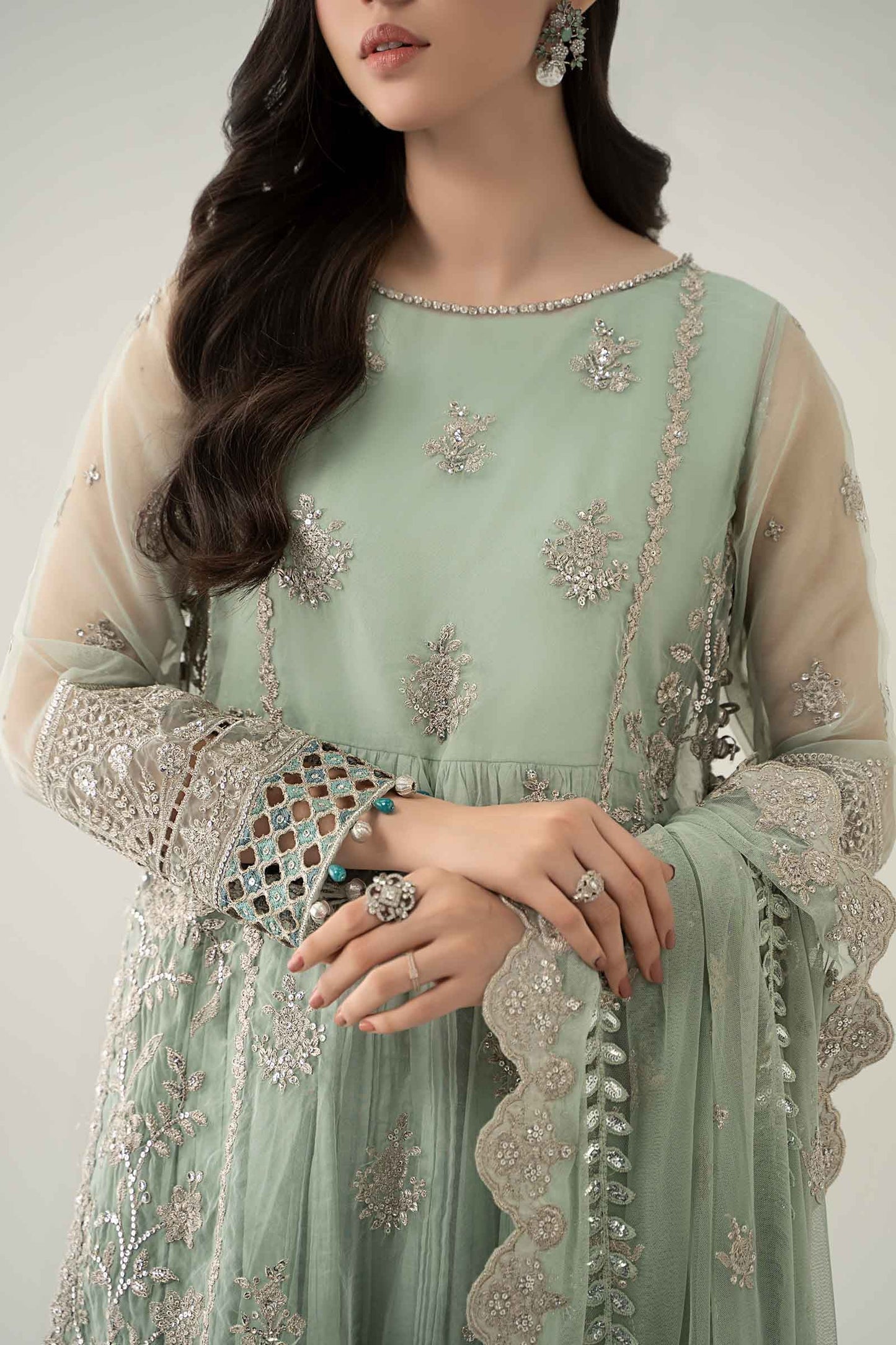 Maria B | Pre Fall Dresses | 3 Piece Embroidered Organza Suit Sea Green