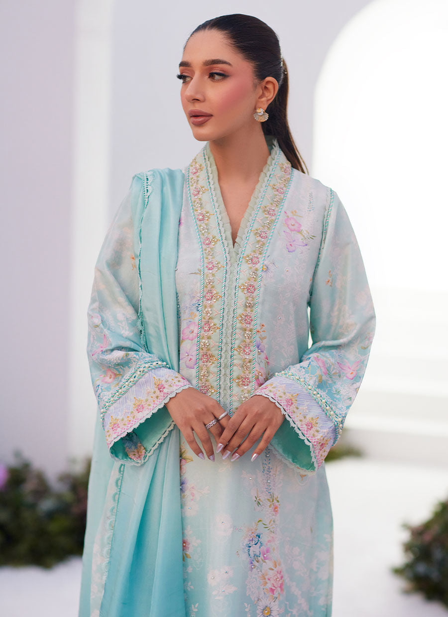 Farah Talib Aziz | Zaza Prints 24 | CYAN OMBRE SHIRT AND DUPATTA - House Of Anaya