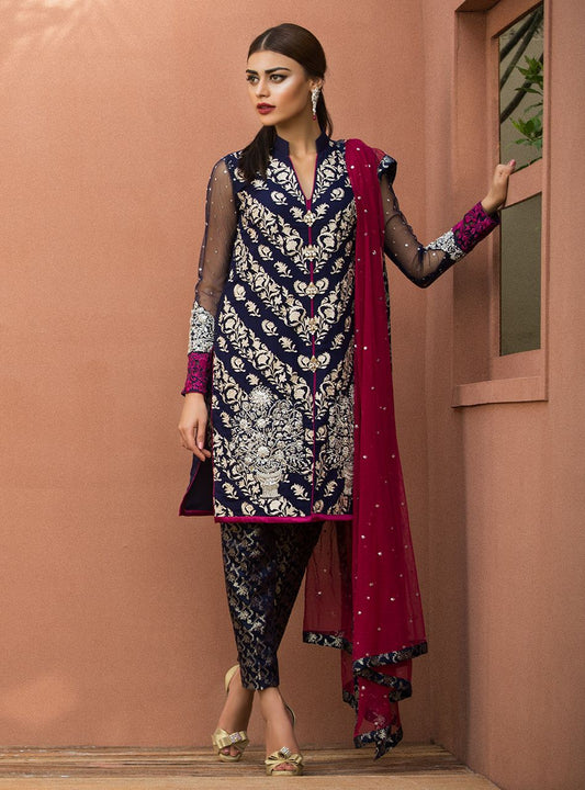 Zainab Chottani | Semi Formals | NAVY BLUE FLORAL DRESS - House Of Anaya