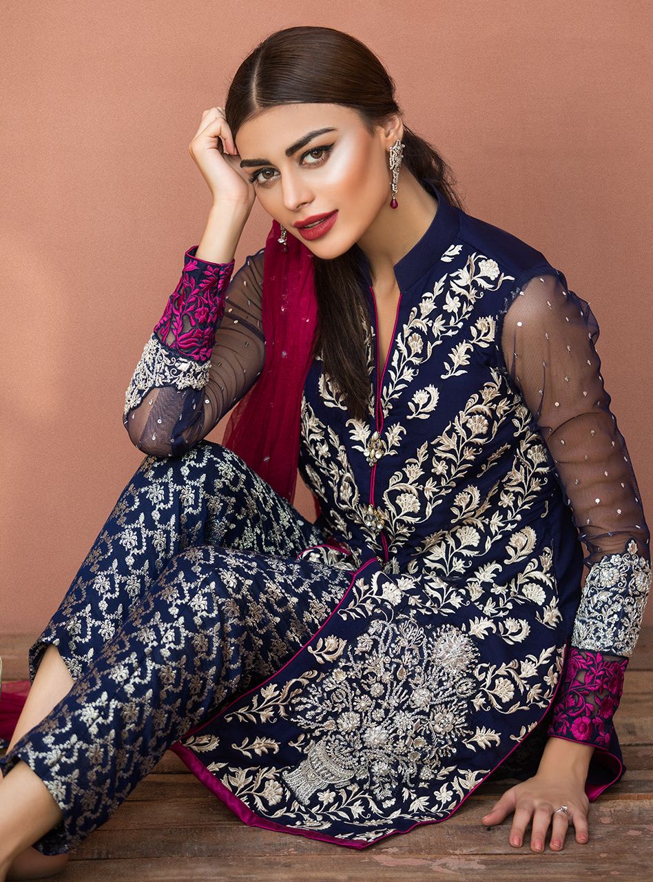 Zainab Chottani | Semi Formals | NAVY BLUE FLORAL DRESS - House Of Anaya