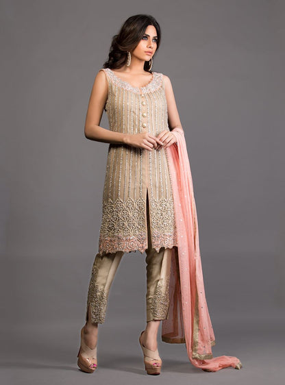 Zainab Chottani | Semi Formals | BEIGE FRONT OPEN EMBELLISHED ENSEMBLE