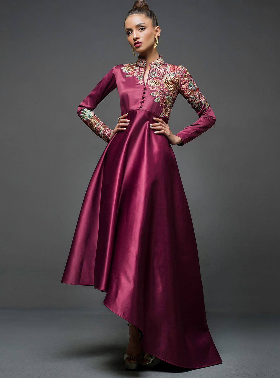 Zainab Chottani | Semi Formals | MAROON GOWN ASYMMETRICAL - House Of Anaya