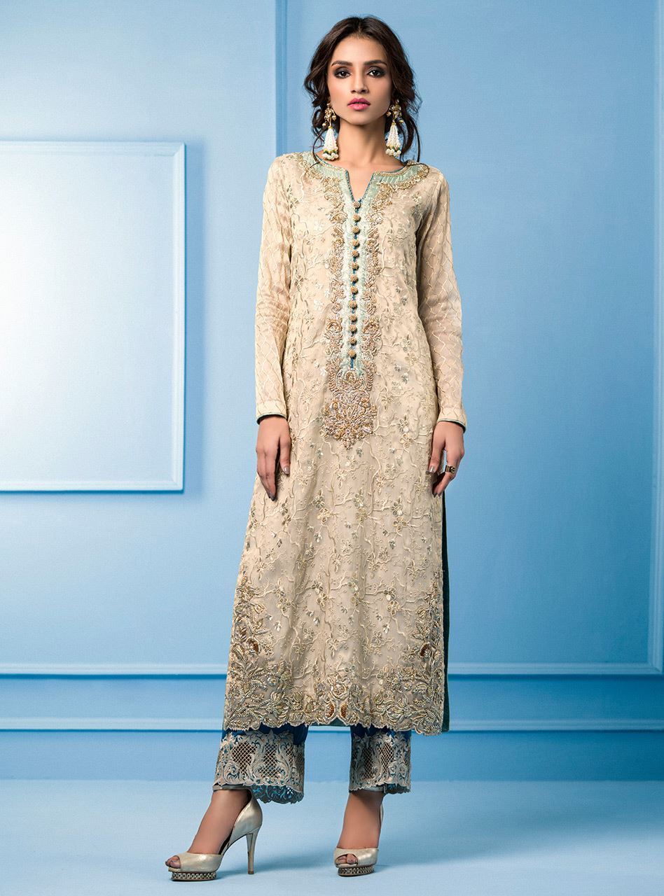 Zainab Chottani | Semi Formals | BEIGE AND TURQUOISE - House Of Anaya