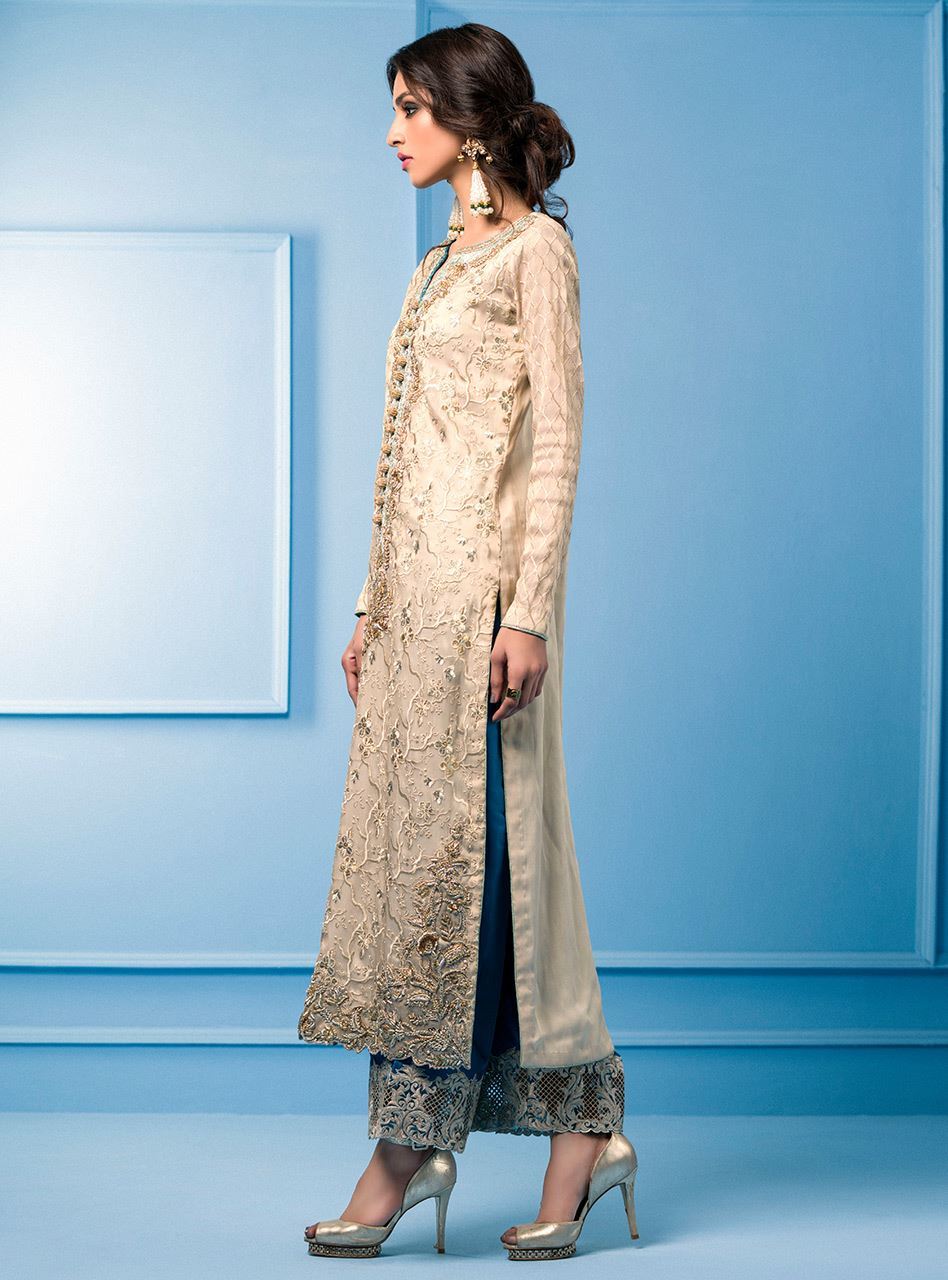 Zainab Chottani | Semi Formals | BEIGE AND TURQUOISE - House Of Anaya