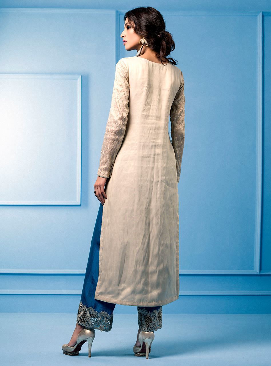 Zainab Chottani | Semi Formals | BEIGE AND TURQUOISE - House Of Anaya