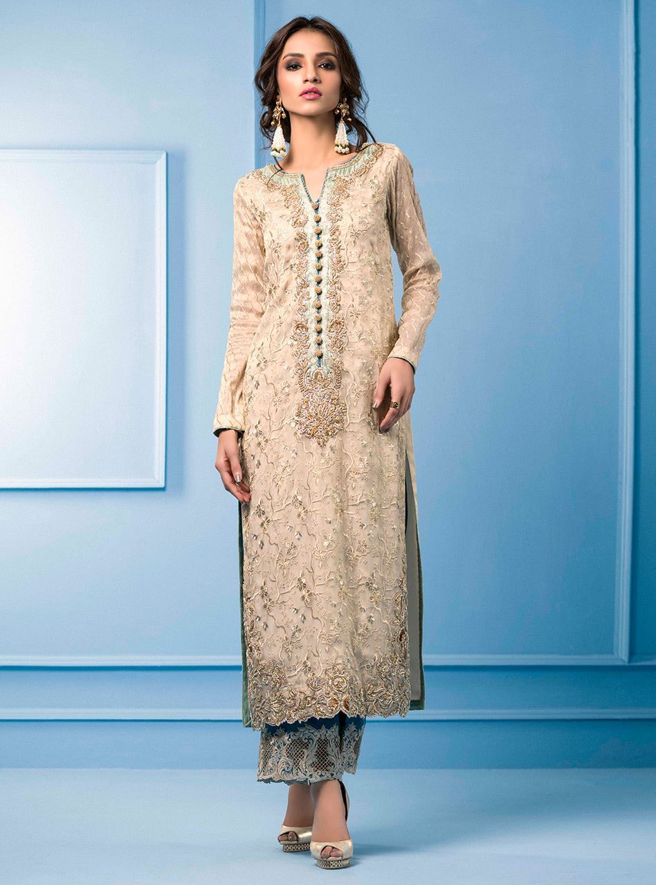 Zainab Chottani | Semi Formals | BEIGE AND TURQUOISE - House Of Anaya