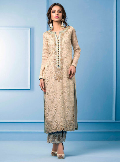 Zainab Chottani | Semi Formals | BEIGE AND TURQUOISE - House Of Anaya