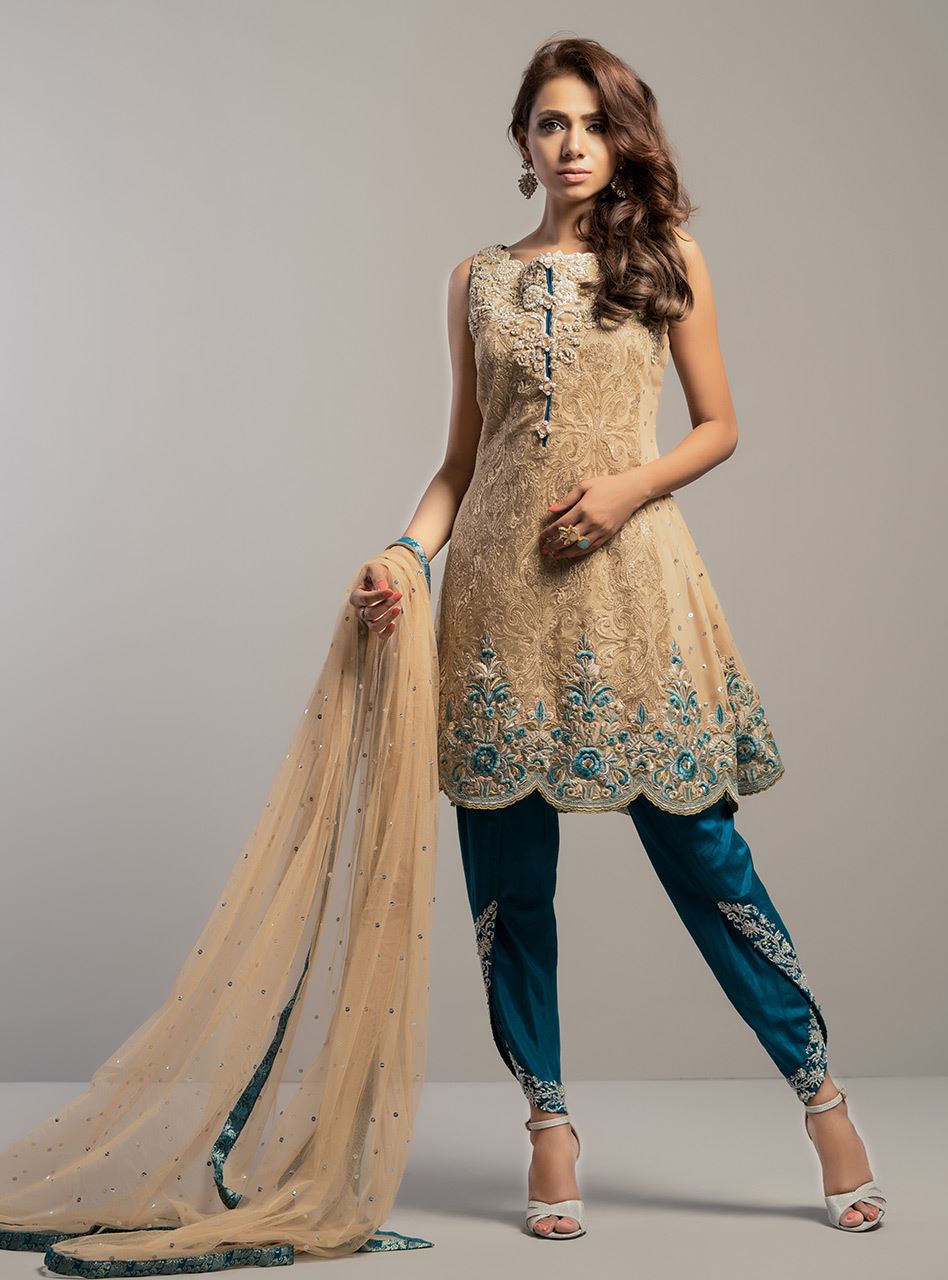Zainab Chottani | Semi Formals | BEIGE GOLD WITH TEAL DRESS - House Of Anaya