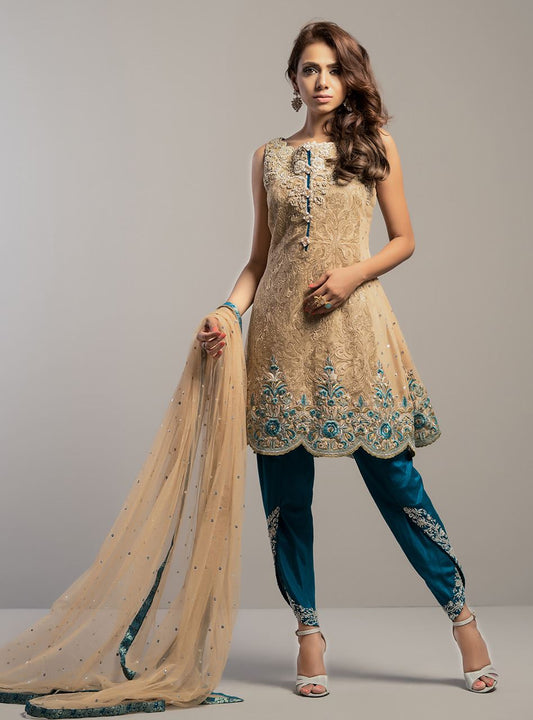 Zainab Chottani | Semi Formals | BEIGE GOLD WITH TEAL DRESS - House Of Anaya