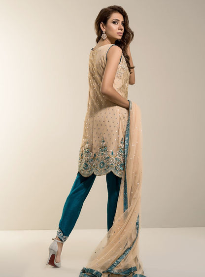 Zainab Chottani | Semi Formals | BEIGE GOLD WITH TEAL DRESS - House Of Anaya