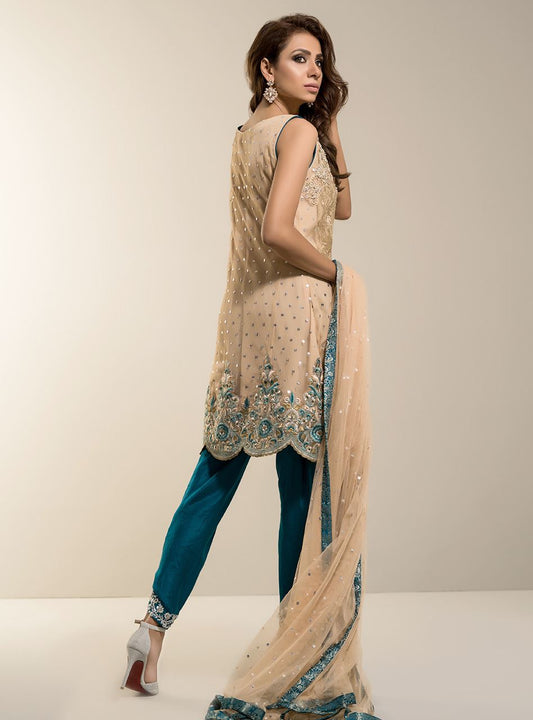 Zainab Chottani | Semi Formals | BEIGE GOLD WITH TEAL DRESS - House Of Anaya