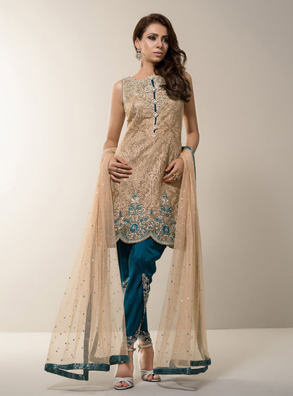 Zainab Chottani | Semi Formals | BEIGE GOLD WITH TEAL DRESS - House Of Anaya