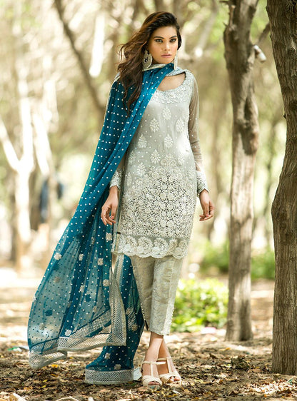 Zainab Chottani | Semi Formals | SILVER AND TEAL DRESS - House Of Anaya