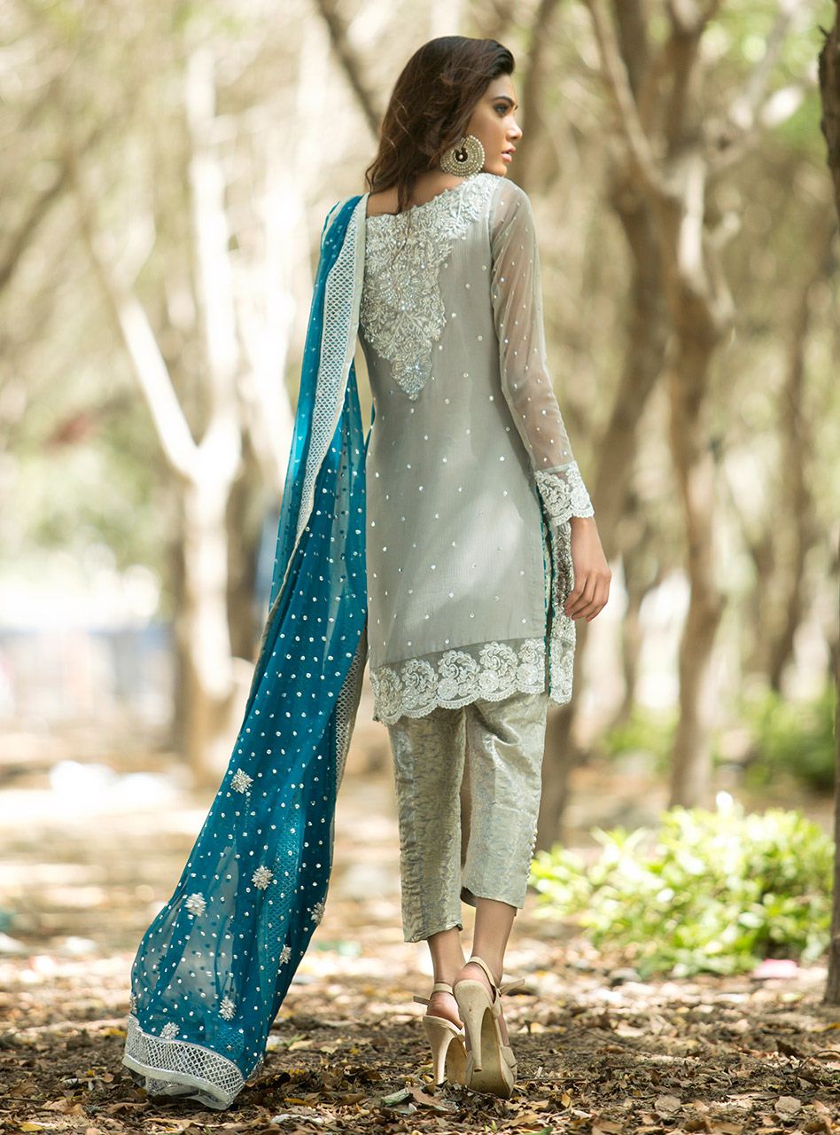 Zainab Chottani | Semi Formals | SILVER AND TEAL DRESS - House Of Anaya