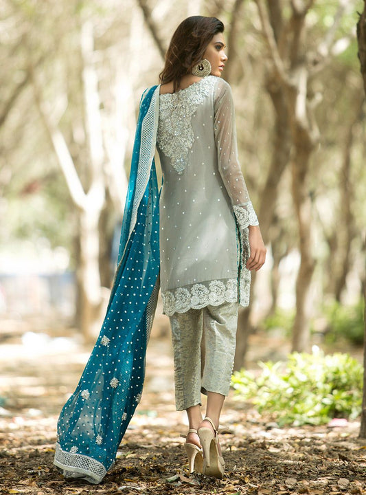 Zainab Chottani | Semi Formals | SILVER AND TEAL DRESS - House Of Anaya