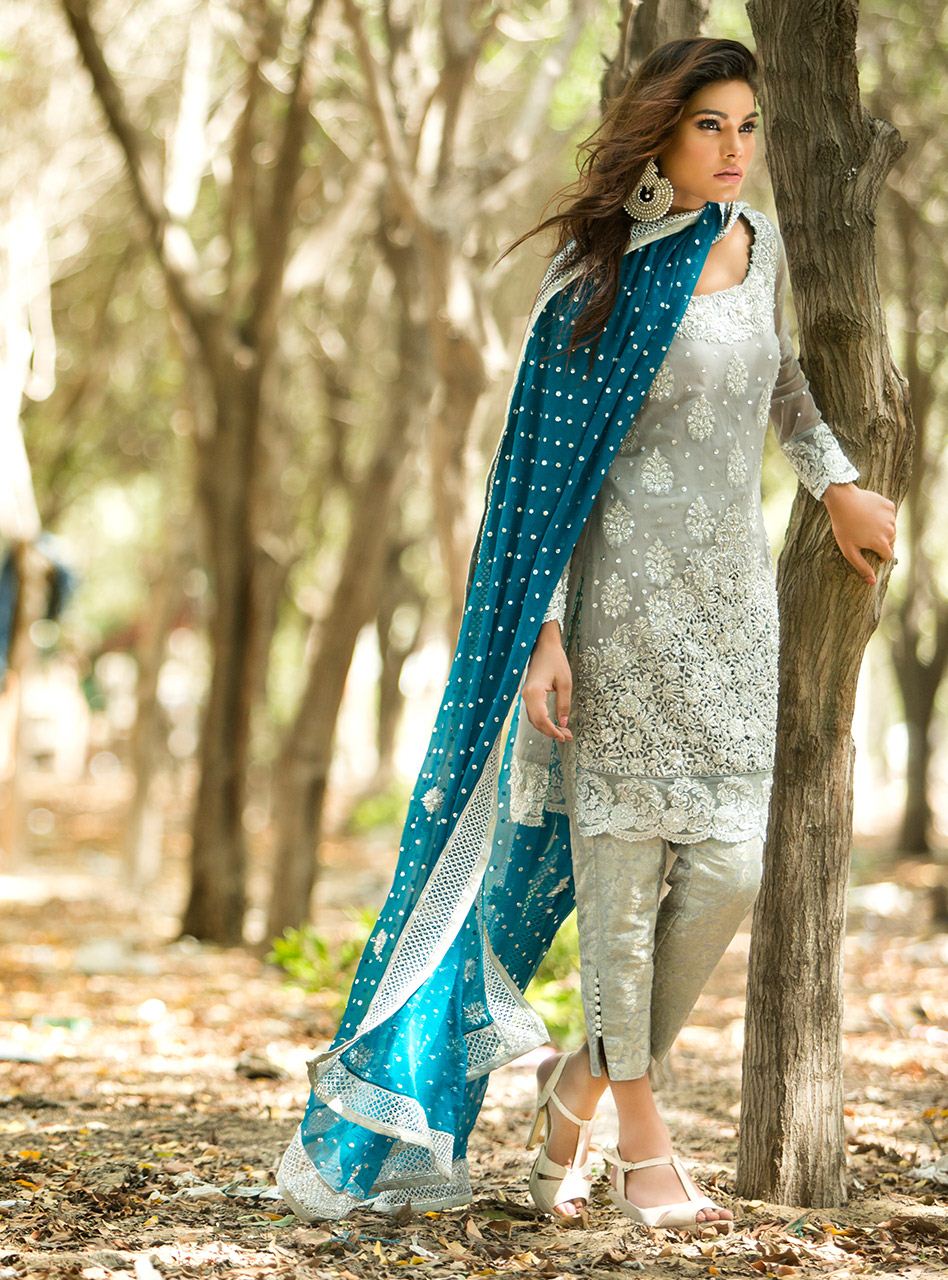 Zainab Chottani | Semi Formals | SILVER AND TEAL DRESS - House Of Anaya