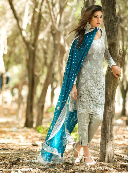 Zainab Chottani | Semi Formals | SILVER AND TEAL DRESS - House Of Anaya