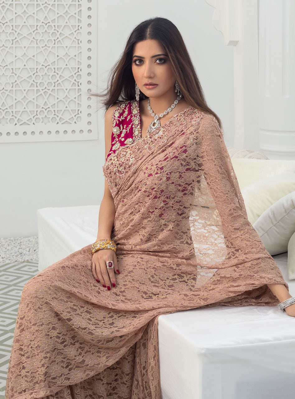 Zainab Chottani | Semi Formals | RAVISHING ROSE SAREE - House Of Anaya