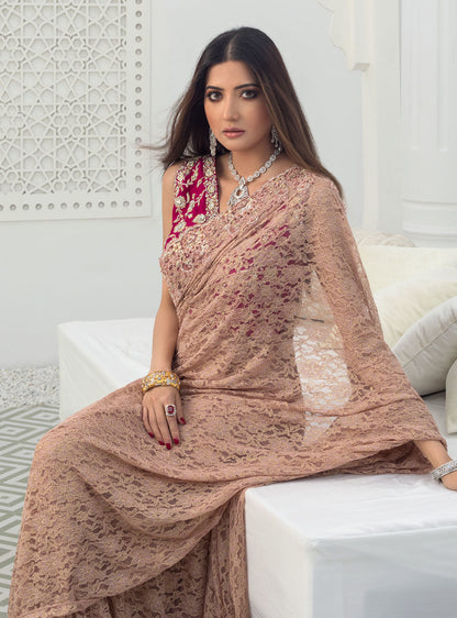 Zainab Chottani | Semi Formals | RAVISHING ROSE SAREE - House Of Anaya