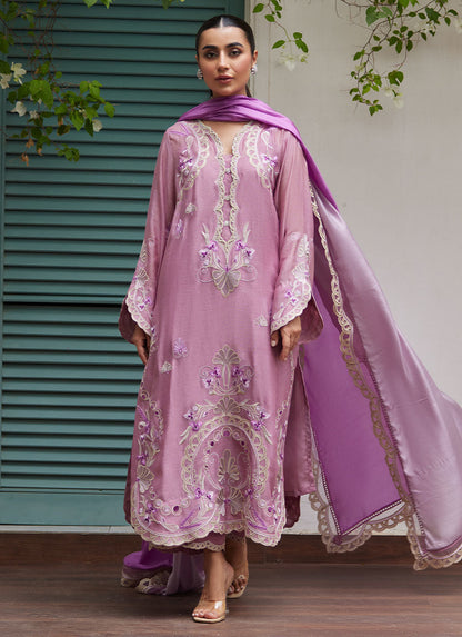 Farah Talib Aziz | Designer Picks 24 | IVAN MAUVE EMBROIDERED COTTON NET SHIRT WITH MEDIUM SILK DUPATTA