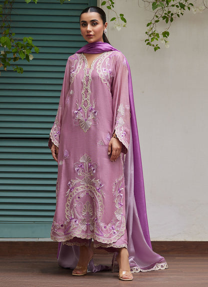 Farah Talib Aziz | Designer Picks 24 | IVAN MAUVE EMBROIDERED COTTON NET SHIRT WITH MEDIUM SILK DUPATTA
