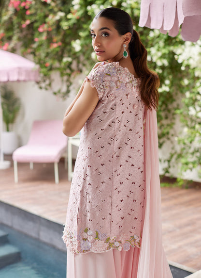 Farah Talib Aziz | Designer Picks 24 | KARINA BLUSH SCHIFFLI RAW SILK SHIRT WITH PRE-DRAPED DUPATTA
