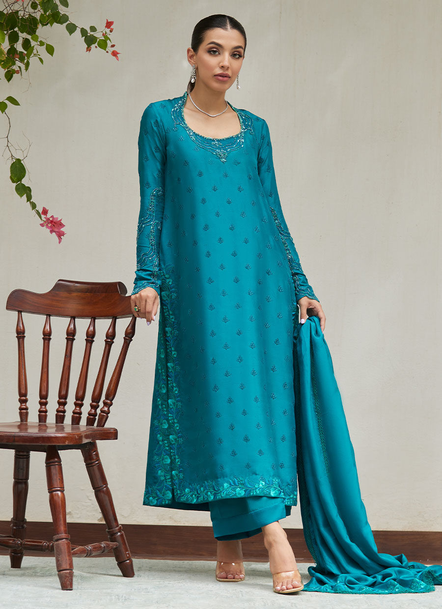 Farah Talib Aziz | Designer Picks 24 | PERSIAN GREEN EMBROIDERED AND EMBELLISHED RAW SILK SHIRT WITH DUPATTA