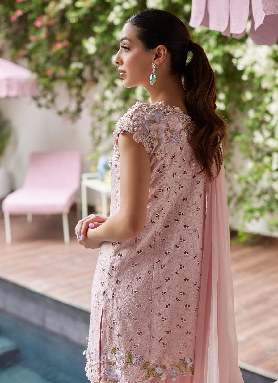 Farah Talib Aziz | Designer Picks 24 | KARINA BLUSH SCHIFFLI RAW SILK SHIRT WITH PRE-DRAPED DUPATTA