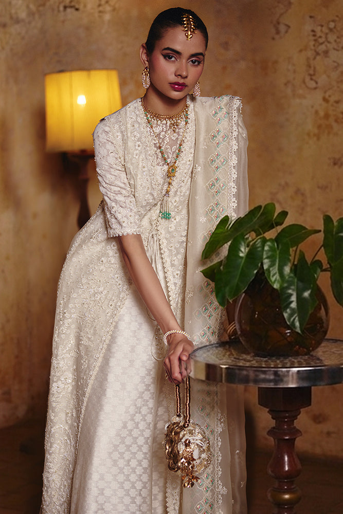 Suffuse Luvina ivory silk pret three-piece set — full-length styling, Pakistani semi-formal outfit