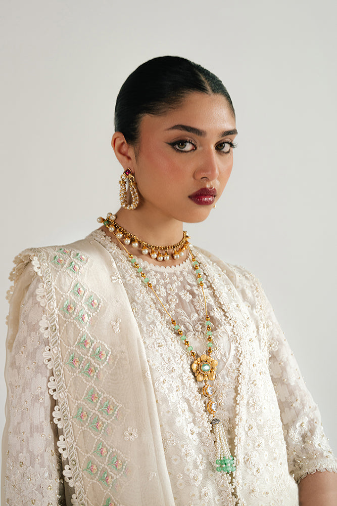 Suffuse Luvina white layered jacket silk set — side view, Pakistani luxury pret by House of Anaya