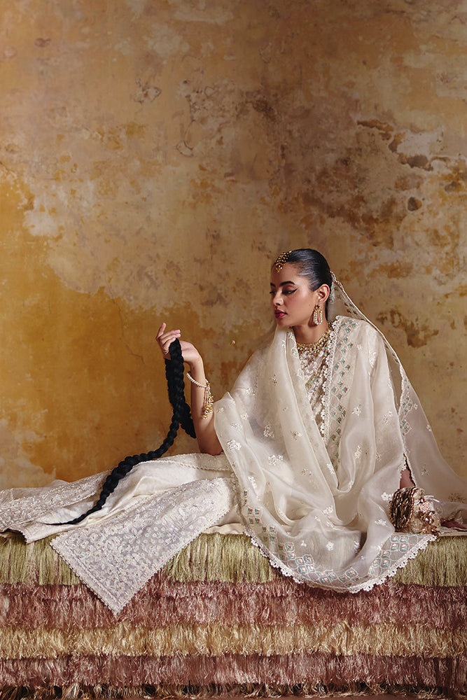 Suffuse Luvina ivory silk pret set — close-up of fabric and embroidery, Pakistani designer pret