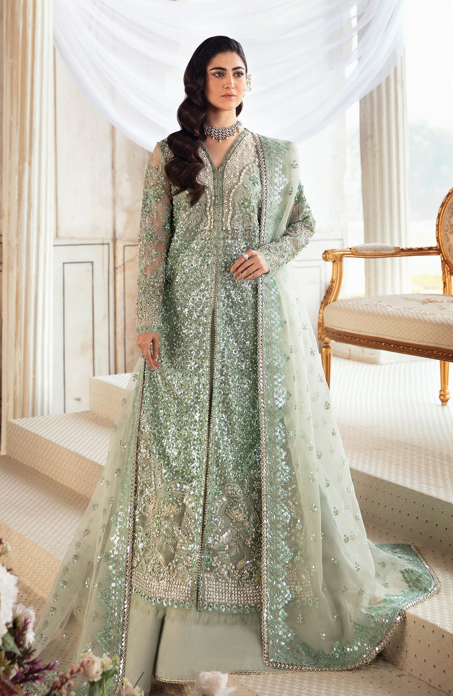 Zevk Afsanah Luxury Embroidered Organza 3Pc Suit - Wasaabi