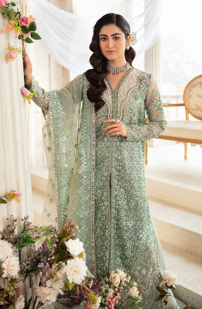 Zevk Afsanah Luxury Embroidered Organza 3Pc Suit - Wasaabi